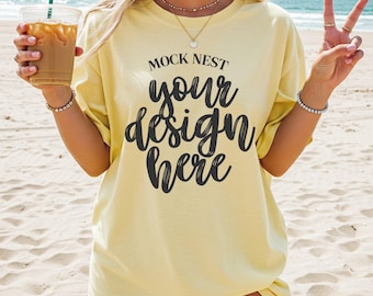 Banana C1717 Mockup Comfort Colors T-shirt Mockup Summer Mocks Model Mockup C1717 Shirt Mock Banana Yellow Comfort Colors Beachy Mockup