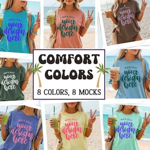 May include: A collection of eight t-shirts in various colors, each featuring the text "MOCK NEST your design here." The image also includes the text "COMFORT COLORS 8 COLORS, 8 MOCKS."