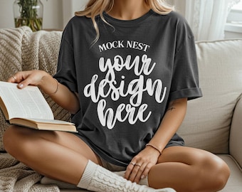 Black C1717 Mockup Comfort Colors T-shirt Mockup Boho Cozy Bookish Mockup C1717 Shirt Mock Reader Comfort Colors Black Book Cottagecore