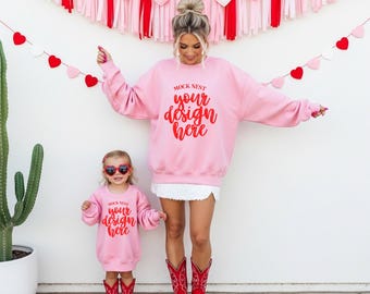 Light Pink G18000 Cowgirl Valentine's Family Mockup Cowboy Gildan Sweatshirt Mock Mom and Kid V-Day Mockup February Mocks Coquette