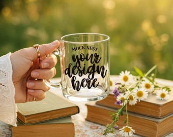 Maqueta de taza de vidrio transparente, maqueta de taza de café estilo cottagecore, maqueta de taza de picnic de primavera, maqueta de taza de vidrio de 10 oz con impresión POD, maquetas florales de verano, maquetas acogedoras vintage