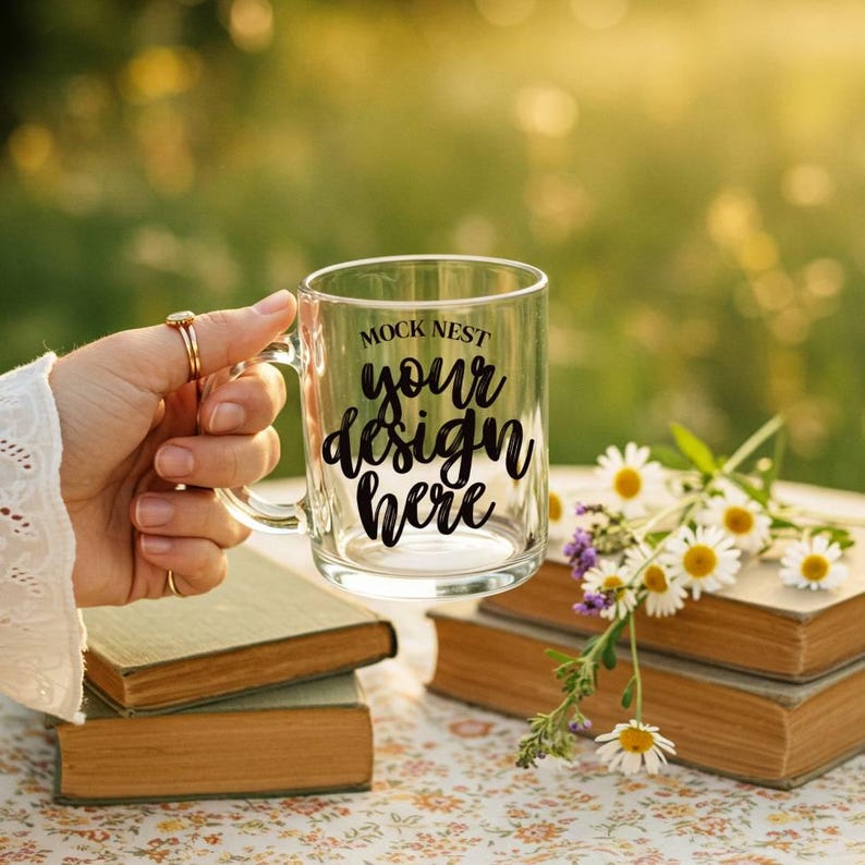 May include: A clear glass mug with the text "MOCK NEST your design here" in black script. The mug is held by a hand with gold rings, resting on a stack of old books. Daisies and wildflowers are in the background.