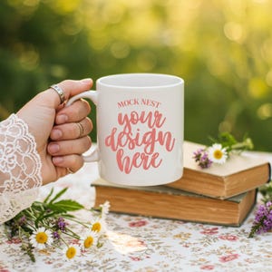 Puede incluir: Una taza de cerámica blanca con el texto "MOCK NEST your design here" en escritura rosa. La taza se sostiene en una mano con anillos y descansa sobre una superficie con estampado floral con libros y flores.