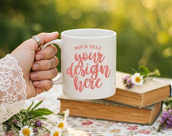 White Mug Mockup Cottagecore Coffee Cup Mock-up Spring Picnic Ceramic Mug Mock 11oz POD Printify  Mug Summer Floral Mocks Cozy Vintage