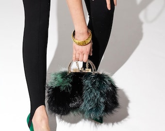 Real Fox Fur Bag: Oversized Green and Black Colours Women's Purse