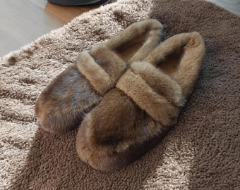 Bruna minkloafers, handgjorda skor i äkta minkpäls