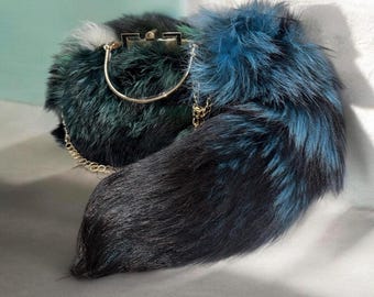 Handmade Blue Black Rainbow Fox Tail Keychain: Natural Fluffy Fur Bag Charm