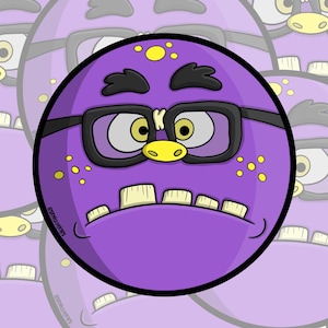 May include: A circular sticker featuring a purple cartoon character with thick black glasses, a small yellow nose, and prominent square teeth. The character has black eyebrows and yellow spots on its forehead and cheeks. The text @SAMKLDRAWS is visible.
