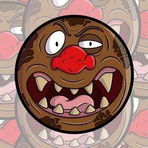 May include: A circular cartoon illustration of a brown creature with a large red nose, white eyes, and a wide open mouth revealing teeth and a pink tongue. The background features a faded pattern of the same image.
