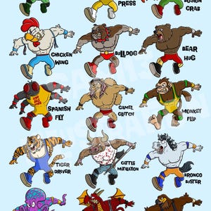 Könnte beinhalten: Cartoon-Illustration verschiedener Tierfiguren in Wrestling-Posen. Enthält einen Frosch, Gorilla, Krebs, Huhn, Bulldogge, Bär, Fliege, Kamel, Affen, Tiger, Stier, Pferd, Oktopus, Drachen und Falken. Jeder Charakter hat einen einzigartigen Namen.