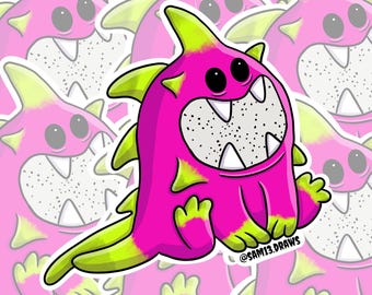 Könnte beinhalten: Ein leuchtend rosa und grüner Cartoon-Drachenfrucht-Charakter-Aufkleber. Die Figur hat ein großes Grinsen mit weißen Zähnen, schwarzen Augen und grünen Akzenten. Der Hintergrund ist ein Muster ähnlicher Drachenfrucht-Charaktere.