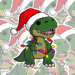 May include: A green cartoon dinosaur wearing a Santa hat and wrapped in colourful Christmas lights. The dinosaur has a friendly expression and is set against a background of similar images. The sticker design includes the text "@SAM13DRAWS".