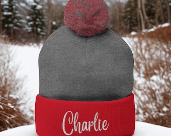 Custom Embroidered Beanie With Name, Personalized Winter Pom Hat Gift For Men OR Women, Knit Cuffed Beanie For Ski Sports Winterwear Gift