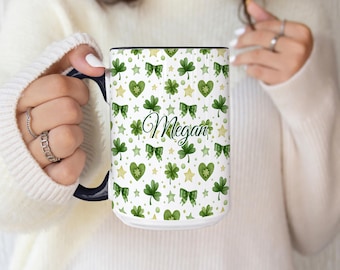 Personalized Shamrock Mug Custom Irish Coffee Cup Gift For Her, Four Leaf Clover Pattern Mug, Trendy St Patricks Day Lucky Name Cup gift