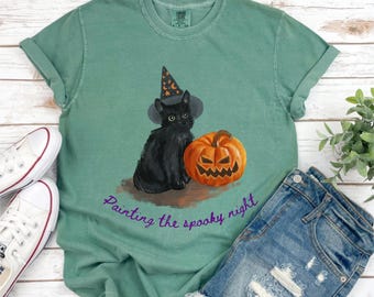 Black Cat Halloween Shirt, Comfort Colors® Witchy Cat Tee, Spooky Season Gift For Cat Lovers, Vintage Pumpkin Shirt, Gothic Cat Mom Tee