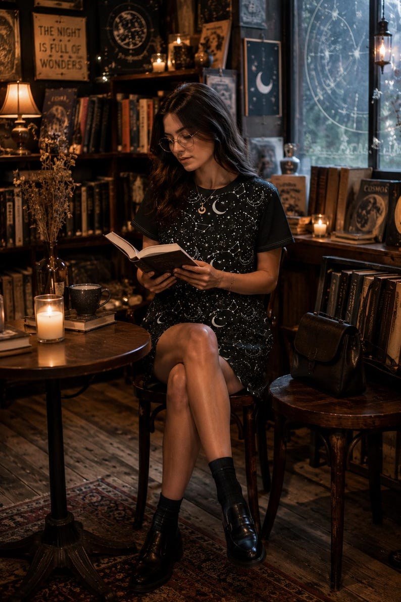 May include: A woman seated in a cozy library setting, reading a book. She wears a black dress adorned with a white celestial pattern. The room is filled with bookshelves, candles, and vintage decor, creating a warm and inviting atmosphere.