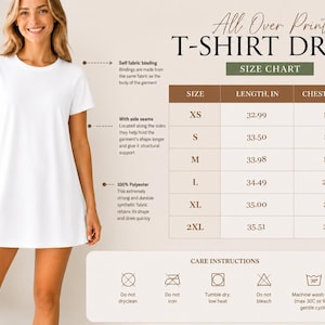 May include: A woman wearing a white t-shirt dress. The dress has a crew neck and short sleeves. The image includes a size chart with measurements in inches and care instructions for the dress.