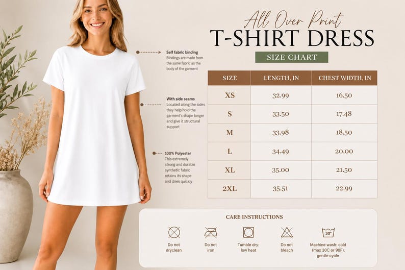 May include: A woman wearing a white t-shirt dress. The dress has a crew neck and short sleeves. The image includes a size chart with measurements in inches and care instructions for the dress.