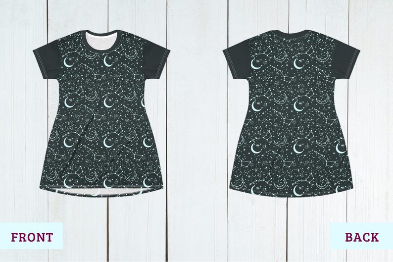 May include: A dark green dress with a white celestial pattern of constellations, moons, and stars. The dress has short sleeves and a scoop neck. The front and back of the dress are displayed, with the word "FRONT" and "BACK" in the lower corners.