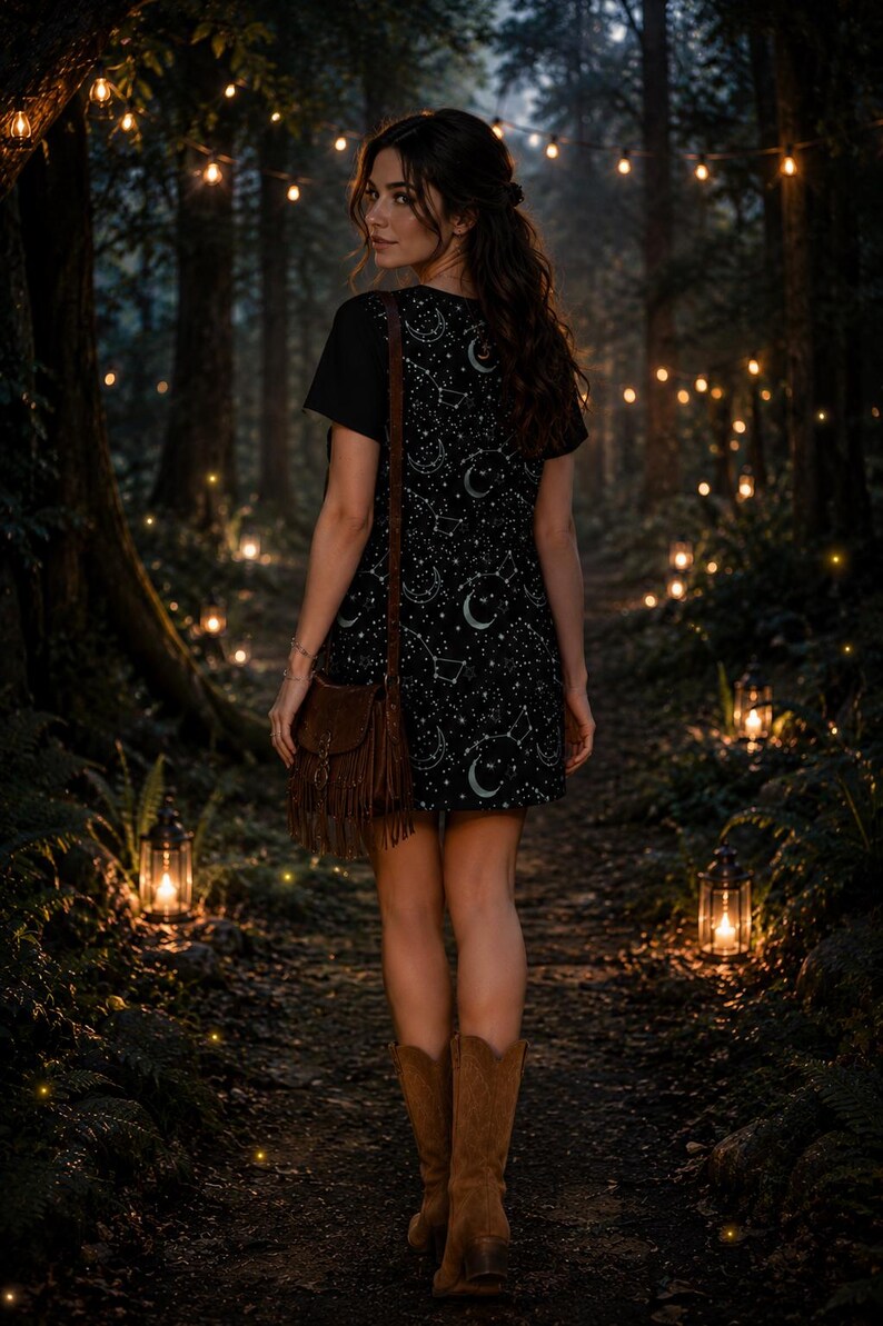 May include: A woman wearing a black dress with a celestial pattern of moons and stars, brown boots, and a brown fringed bag walks along a path in a forest. The scene is illuminated by string lights and lanterns, creating a magical atmosphere.