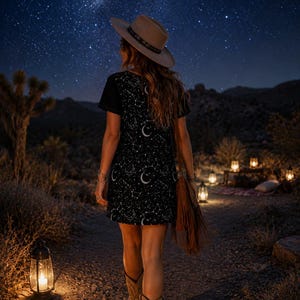 May include: A woman wearing a black dress with a celestial pattern, a hat, and cowboy boots walks on a path at night. The night sky is filled with stars. Lanterns line the path, creating a warm glow.