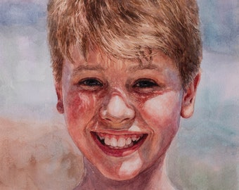 May include: Watercolor portrait of a smiling person with fair skin and light brown hair. The person's face is illuminated by sunlight, highlighting the rosy cheeks and bright smile. The background is a soft blend of colors.