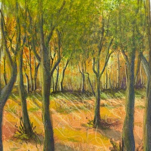 Bosque otoñal en acrílico – pintura de paisaje cálido sobre cartón | La luz del sol entre los árboles