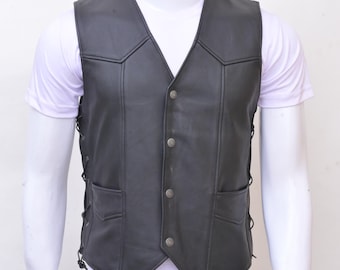 Gilet de motard en cuir de mouton noir fait main : équipement moto vintage