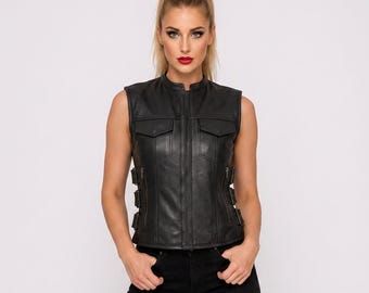 Black Leather Biker Vest: Unisex Motorcycle Club Sleeveless Vest
