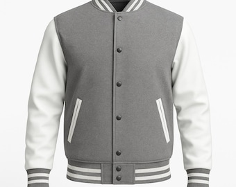 Grey Wool Blend Varsity Jacket: Unisex College Letterman Bomber