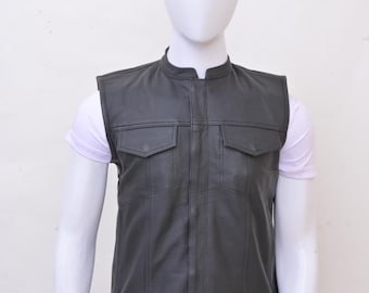 Men's Black Leather Motorcycle Vest: Biker Club Sleeveless Jacket
