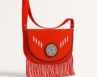 Red Suede Fringe Crossbody Bag: Handmade Boho Festival Purse