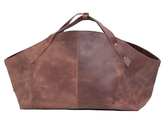 Handmade Leather Firewood Carrier Bag: Leathers Wooden Log for Him, Accessories for Wood Storage
