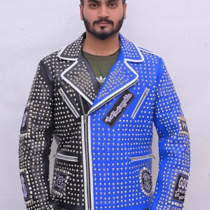 Men&#39;s Blue & Black Leather Studded Jacket | Two-Tone Biker Coat with Silver Studs | Genuine Leather