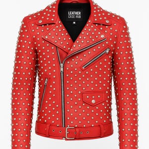 Red Leather Studded Biker Jacket: Handmade Punk Rocker Style