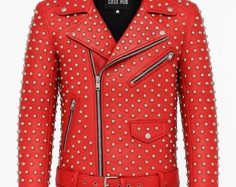May include: A red leather jacket with silver studs, a notched collar, and a zippered front. The jacket has a belt at the waist and a small pocket. The text "LEATHER CASE HUB" is visible on the collar.