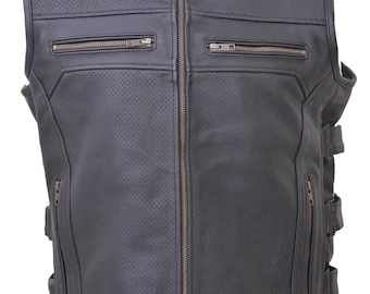 Men's Black Leather Biker Vest | Motorcycle Club Waistcoat