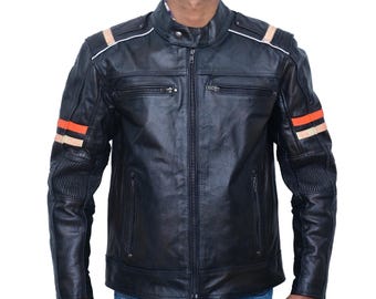 Handmade Black Leather Biker Jacket: Retro Cafe Racer Motorcycle Coat