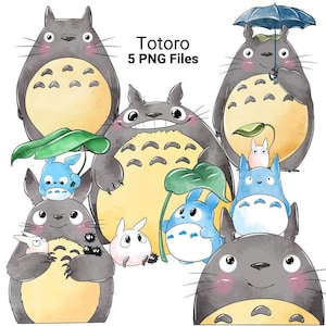 May include: Watercolor illustration featuring multiple Totoro characters in various poses. The image includes the text "Totoro 5 PNG Files". The characters are gray with yellow bellies, some holding leaves or umbrellas. Other smaller blue and white creatures are also present.