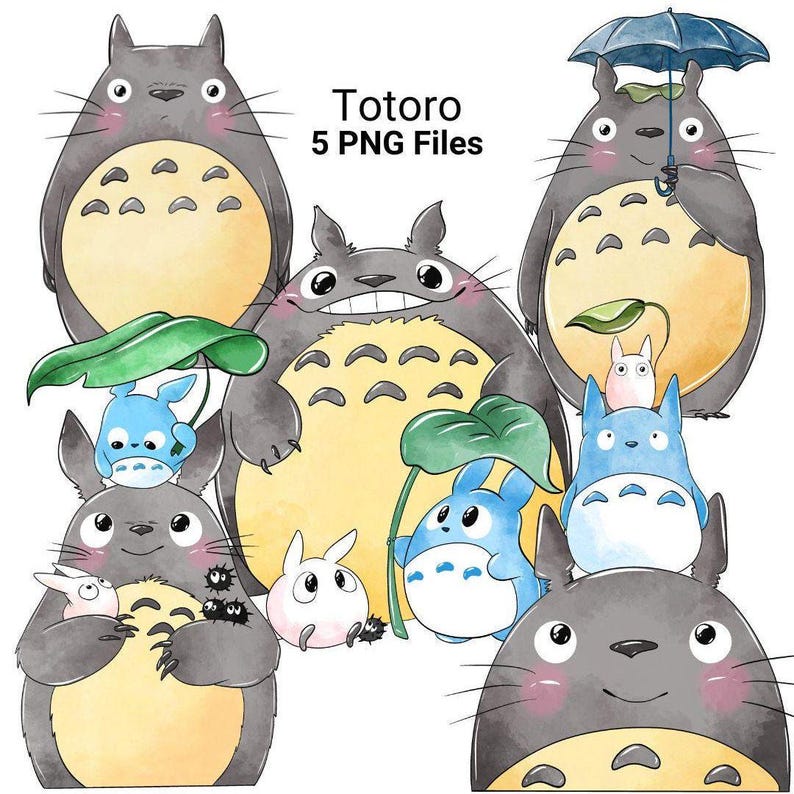 Totoro watercolor clipart bundle featuring My Neighbor Totoro characters in cute hand painted style from Studio Ghibli perfect for birthday parties crafts nursery decor and digital projects