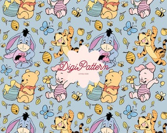 Baby Winnie the Pooh and Friends Seamless Pattern Disney Blue Watercolor Paper (Digital Download)