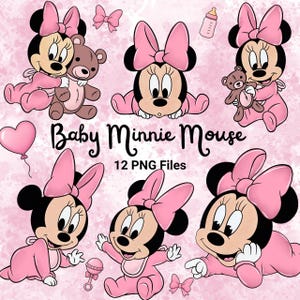 Paquete de imágenes PNG de Minnie Mouse bebé en acuarela, color rosa, imágenes prediseñadas de Disney (descarga digital)