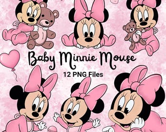 Pacchetto di immagini PNG di Baby Minnie Mouse ad acquerello, rosa, clipart Disney (download digitale)