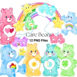 May include: A collection of colourful Care Bears illustrations. The image features various bears in shades of pink, blue, yellow, and green, with rainbows, stars, and the text "Care Bears" and "12 PNG Files".