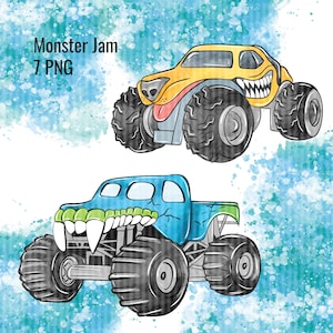Shark monster truck watercolor clipart featuring a blue truck body with fierce shark teeth and giant tires on a vivid splash background, ideal for printable party supplies, boys room decor, tumbler wraps, scrapbook pages, and monster truck celebratio