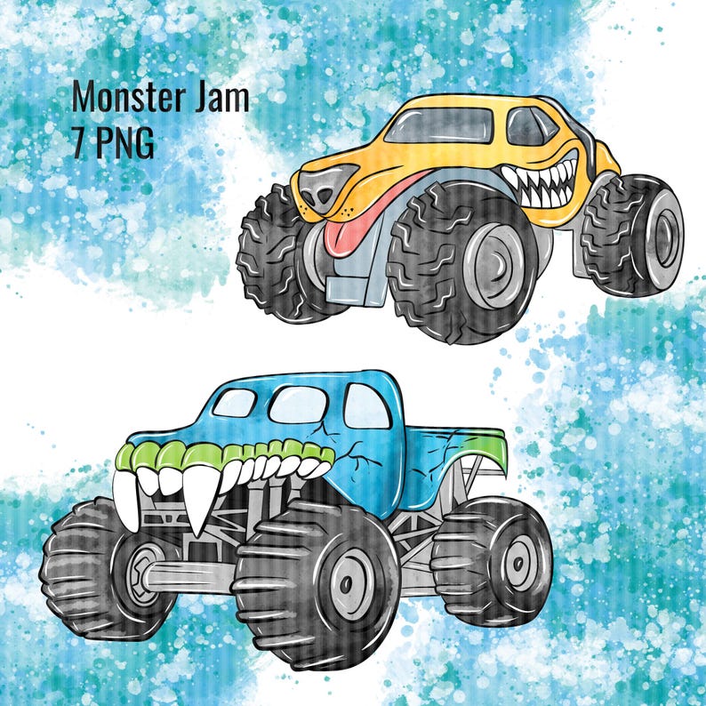 Shark monster truck watercolor clipart featuring a blue truck body with fierce shark teeth and giant tires on a vivid splash background, ideal for printable party supplies, boys room decor, tumbler wraps, scrapbook pages, and monster truck celebratio