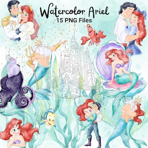 Watercolor Ariel Clipart Bundle Disney Little Mermaid PNG (Digital Download)