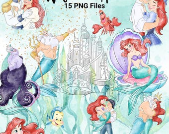 Aquarel Ariel clipartbundel Disney kleine zeemeermin png (digitale download)