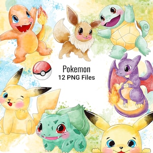 Puede incluir: Ilustraciones en acuarela de varios personajes de Pokémon, incluyendo Pikachu, Charmander y Squirtle. La imagen también presenta una Poké Ball y el texto "Pokemon 12 PNG Files."