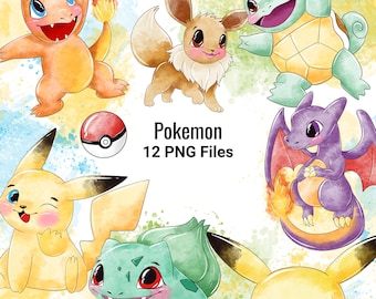 Pacchetto di clipart ad acquerello Pokémon: Pikachu e Charmander in formato PNG (download digitale)